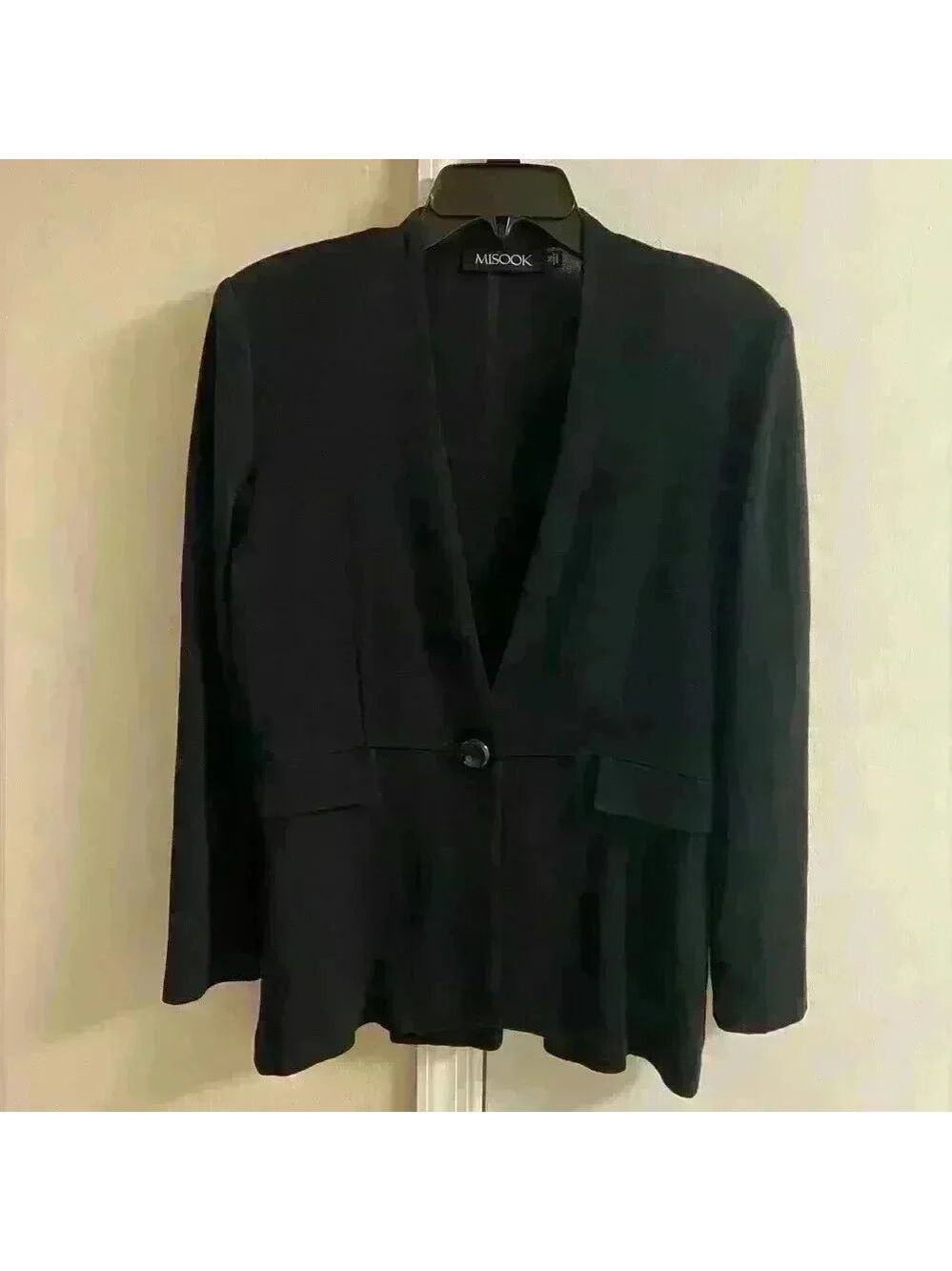 Misook sweater cardigan blazer black one button front faux pockets Medium